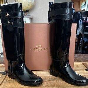 Coach Women's Glossy Black Tall Rain Boots